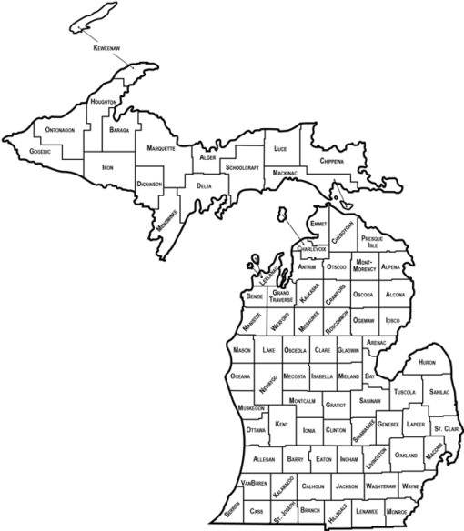 Michigan – counties, labeled