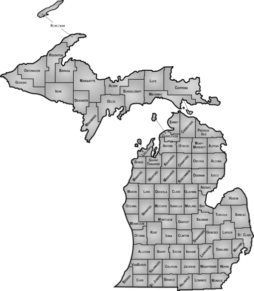 Michigan – counties, shaded, labeled